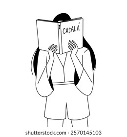 vector linear outline illustration, a girl intently studying Catalan language, with an open book held close to her face