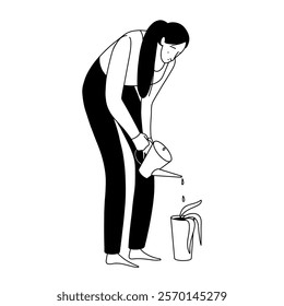 vector linear outline illustration, a girl bent over watering a wilted floor plant with a watering can