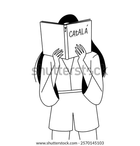 vector linear outline illustration, a girl intently studying Catalan language, with an open book held close to her face