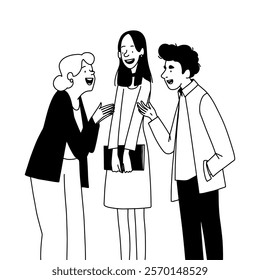 vector linear outline illustration, speaking club, three colleagues chatting at work, two woman and one man discussing, line vector minimalistic illustration