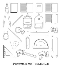 Vector linear, outline school set with stationary tools books, notebooks, pen, pensil, protractor, compass, sharpener, and backpack/