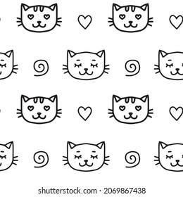 Vector linear pattern with cat faces and spirals. Seamless black and white illustration for packaging, textiles