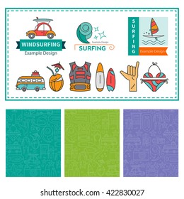 Vector Linear pattern design labels and badges Windsurfing, sailing and seamless for packaging. Concept of an active summer holiday. Family holiday