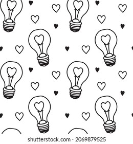 Vector linear pattern with light bulbs and hearts. Illustration in cartoon style for Valentine's Day for packaging, textiles