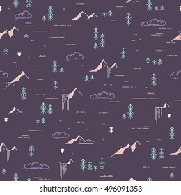 Vector linear pattern with wild landscape elements. Waterfall, mountains, pine trees and clouds. Stylish color nature seamless illustration