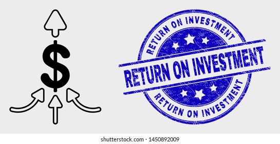 Vector linear payment aggregator icon and Return on Investment watermark. Blue rounded textured stamp with Return on Investment caption. Black isolated payment aggregator icon in linear style.