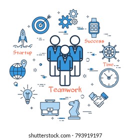 Vector linear People Teamwork Group concept and blue outline icons on white background. Round web banner. Concept of successful business poster, best unity and teamwork