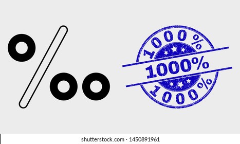 Vector linear per mille icon and 1000% seal stamp. Blue round scratched seal stamp with 1000% caption. Black isolated per mille icon in linear style.