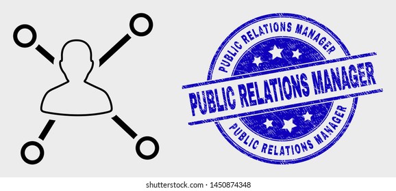 Vector linear person links icon and Public Relations Manager seal stamp. Blue round distress seal stamp with Public Relations Manager text. Black isolated person links pictogram in linear style.
