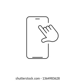 Vector linear phone and technology icon with hand tapping on screen. Touchscreen technology. Vector illustration isolated on white background.