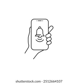 Vector linear phone and technology icons with reminder bell icon on smartphone screen holding in one hand | flat design thin line modern black
