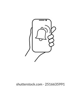 Vector linear phone and technology icons with reminder bell icon on smartphone screen holding in one hand | flat design thin line modern black