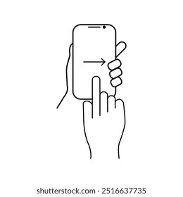 Telefone linear vetor e ícones de tecnologia com mão gesto passar com um dedo da esquerda para o lado direito na tela touchscreen smartphone | design plano linha fina moderna