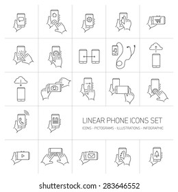 Vector linear phone and technology icons set with hand gestures and pictograms on touch screen | flat design thin line modern black illustration and infographic isolated on white background