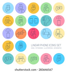 Vector linear phone and technology icons set with hand gestures and pictograms on touch screen | flat design thin line modern dark blue illustration and infographic on multi color rounded background