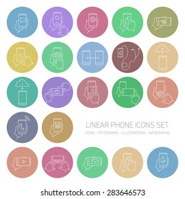 Vector linear phone and technology icons set with hand gestures and pictograms on touch screen | flat design thin line modern white illustration and infographic isolated on color rounded background