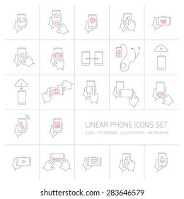 Vector linear phone and technology icons set with hand gestures and pictograms on touch screen | flat design thin line modern grey and red illustration and infographic on white background