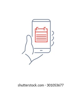 Vector linear phone and technology icons with calendar icon on smartphone display | flat design thin line modern grey and red illustration and infographic on white background