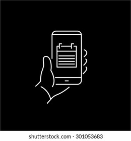 Vector linear phone and technology icons with calendar icon on smartphone display | flat design thin line modern white illustration and infographic on black background