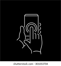 Vector linear phone and technology icons with double tapping on smartphone touchscreen with one finger gesture | flat design thin line modern white illustration and infographic on black background