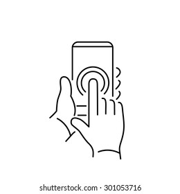 Iconos de teléfono lineal y tecnología vectorial con doble pulsación en la pantalla táctil de un teléfono inteligente con un gesto de un dedo| diseño plano línea delgada ilustración moderna en negro e infografía sobre fondo blanco