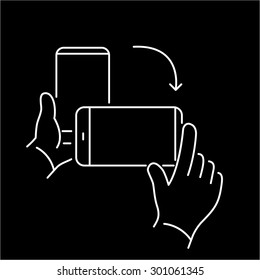 Vector linear phone and technology icons with rotating screen gestrue on smartphone | flat design thin line modern white illustration and infographic on black background