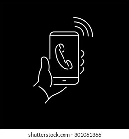 Vector linear phone and technology icons with hand phone call gesture holding phone in one hand | flat design thin line modern white illustration and infographic on black background