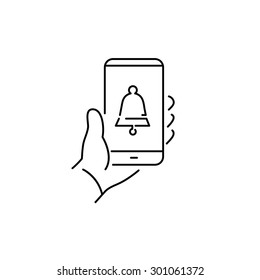 Vector linear phone and technology icons with reminder bell icon on smartphone screen holding in one hand | flat design thin line modern black illustration and infographic on white background