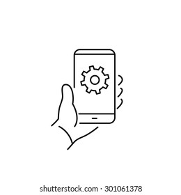 Vector linear phone and technology icons with settings gear icon on phone screen in hand | flat design thin line modern black illustration and infographic on white background