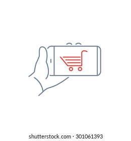 Vector linear phone and technology icons with shopping cart gesture on smart phone | flat design thin line modern grey and red illustration and infographic on white background