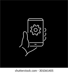 Vector linear phone and technology icons with settings gear icon on phone screen in hand | flat design thin line modern white illustration and infographic on black background