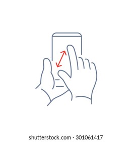 Vector linear phone and technology icons with pinch zoom gesture with two fingers on smartphone touchscreen | flat design thin line modern grey and red illustration and infographic on white background