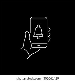 Vector linear phone and technology icons with reminder bell icon on smartphone screen holding in one hand | flat design thin line modern white illustration and infographic on black background