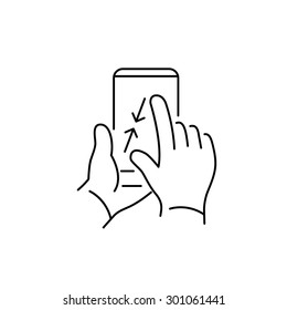 Vector linear phone and technology icons with pinch zoom out gesture with two fingers on smartphone touchscreen | flat design thin line modern black illustration and infographic on white background