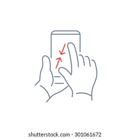 Vector linear phone and technology icons with pinch zoom out gesture with two fingers on smartphone touchscreen | flat design modern grey and red illustration and infographic on white background