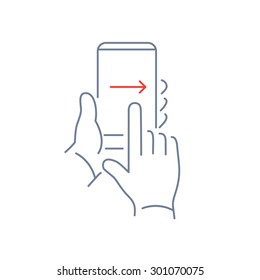 Vector Linear Phone And Technology Icons With Hand Gesture Swipe With One Finger From Left To Right Side On Smartphone Touchscreen | Flat Design Thin Modern Grey And Red Illustration And Infographic
