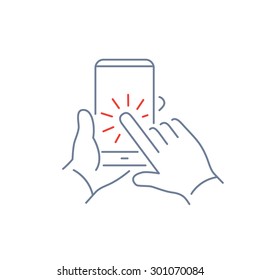 Vector linear phone and technology icons set with hand tapping on smart phone touchscreen with one finger gesture | flat design thin line modern grey and red illustration and infographic on white