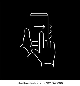 Vector Linear Phone And Technology Icons With Hand Gesture Swipe With One Finger From Left To Right Side On Smartphone Touchscreen | Flat Design Thin Line Modern White Illustration And Infographic