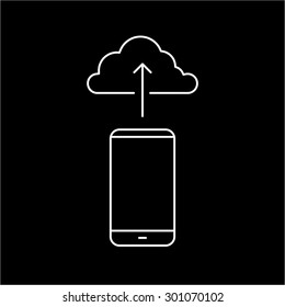 Vector linear phone and technology icons with uploading backup to cloud prom on smart phone | flat design thin line modern white illustration and infographic on black background