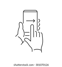 Vector Linear Phone And Technology Icons With Hand Gesture Swipe With One Finger From Left To Right Side On Smartphone Touchscreen | Flat Design Thin Line Modern Black Illustration And Infographic