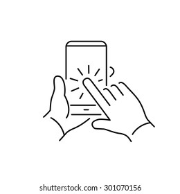 Vector linear phone and technology icons set with hand tapping on smart phone touchscreen with one finger gesture | flat design thin line modern black illustration and infographic on white background
