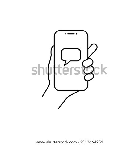 Vector linear phone and technology icons with smart phone in hand gesture with message on touchscreen | flat design thin line modern black illustration and