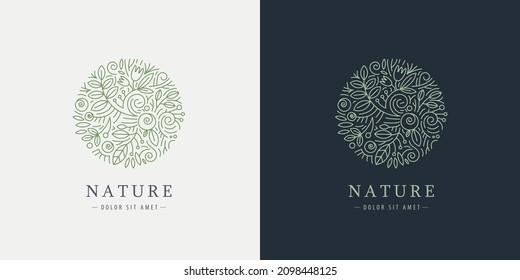 Vector linear plant logo. Circle luxury organic emblem. Abstract badge for natural products, flower shop, cosmetics, ecology concepts, health, spa, yoga center. Leaves and florals icon