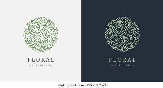 Logo de planta lineal vectorial. Emblema orgánico de lujo en círculo. Insignia abstracta para productos naturales, floristería, cosmética, conceptos ecológicos, salud, spa, centro de yoga. Icono de hojas y flores