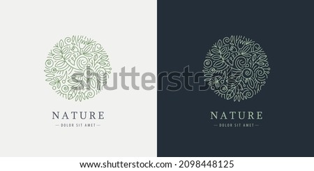 Vector linear plant logo. Circle luxury organic emblem. Abstract badge for natural products, flower shop, cosmetics, ecology concepts, health, spa, yoga center. Leaves and florals icon