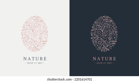 Vector linear plant logo. Ellipse luxury organic emblem. Abstract badge for natural products, flower shop, cosmetics, ecology concepts, health, spa, yoga center. Leaves and florals icon