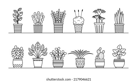 Plantas lineales vectoriales en recolección de ollas. Flores de hogar aisladas en el contorno colocadas para la página de coloreado