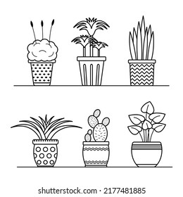 Vector linear plants in pots set. Isolated outline potted home flowers collection for coloring page