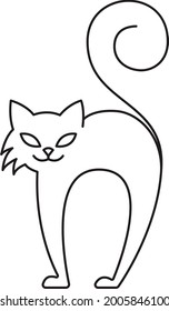 Vector linear playing of frightened cat with  it's tail up. Line art element for design print, logo, poster, card, invitation  about nice funny pets.