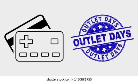 Vector linear plus bank cards pictogram and Outlet Days seal stamp. Blue round scratched seal with Outlet Days text. Black isolated plus bank cards pictogram in line style.